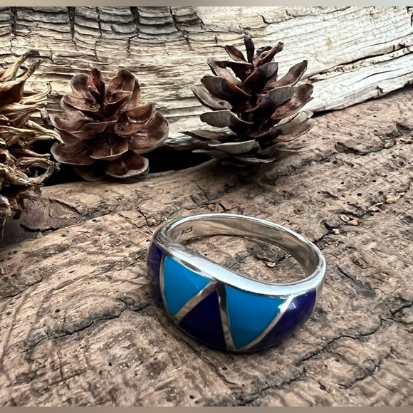 Thailand NF 925 Silver Ring Blue Turquoise Lapis Lazuli Inlay Zuni Navajo Style - Picture 2 of 9